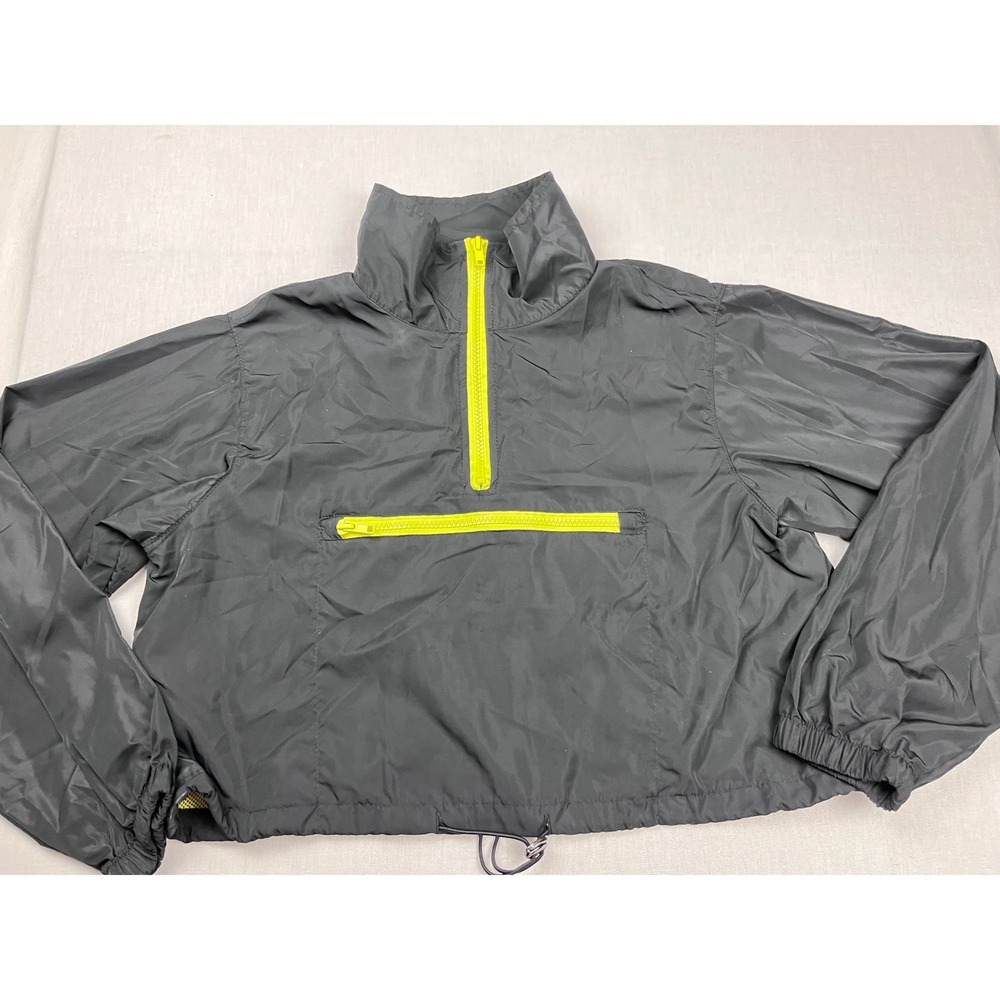 Love Tree Womens Windbreaker Pullover Cropped Jacket Gray Neon Yellow S T1029